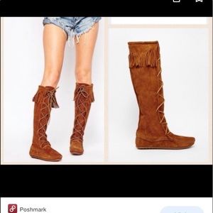 Minnetonka lace up knee high boots in brown suede